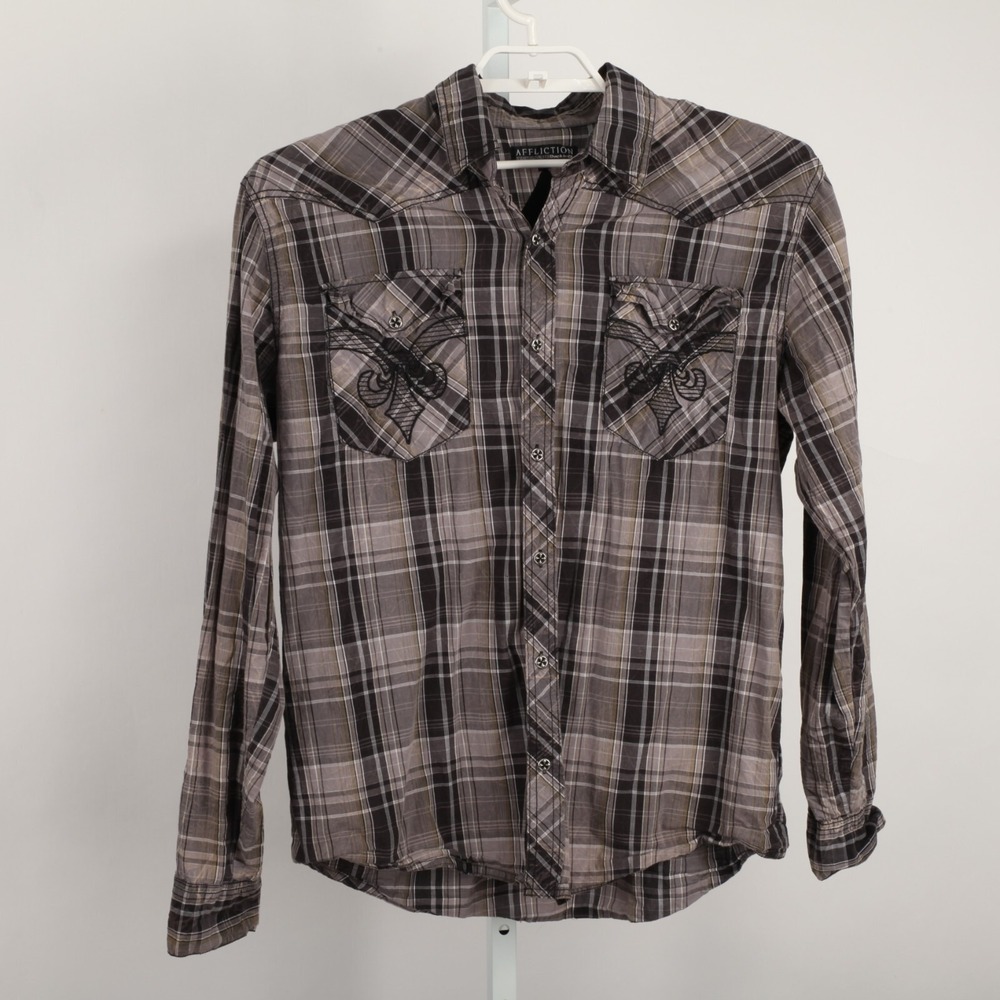 Affliction Shirt Mens Extra Large Gray Plaid Embroidered Skull Pockets * - Picture 2 of 12